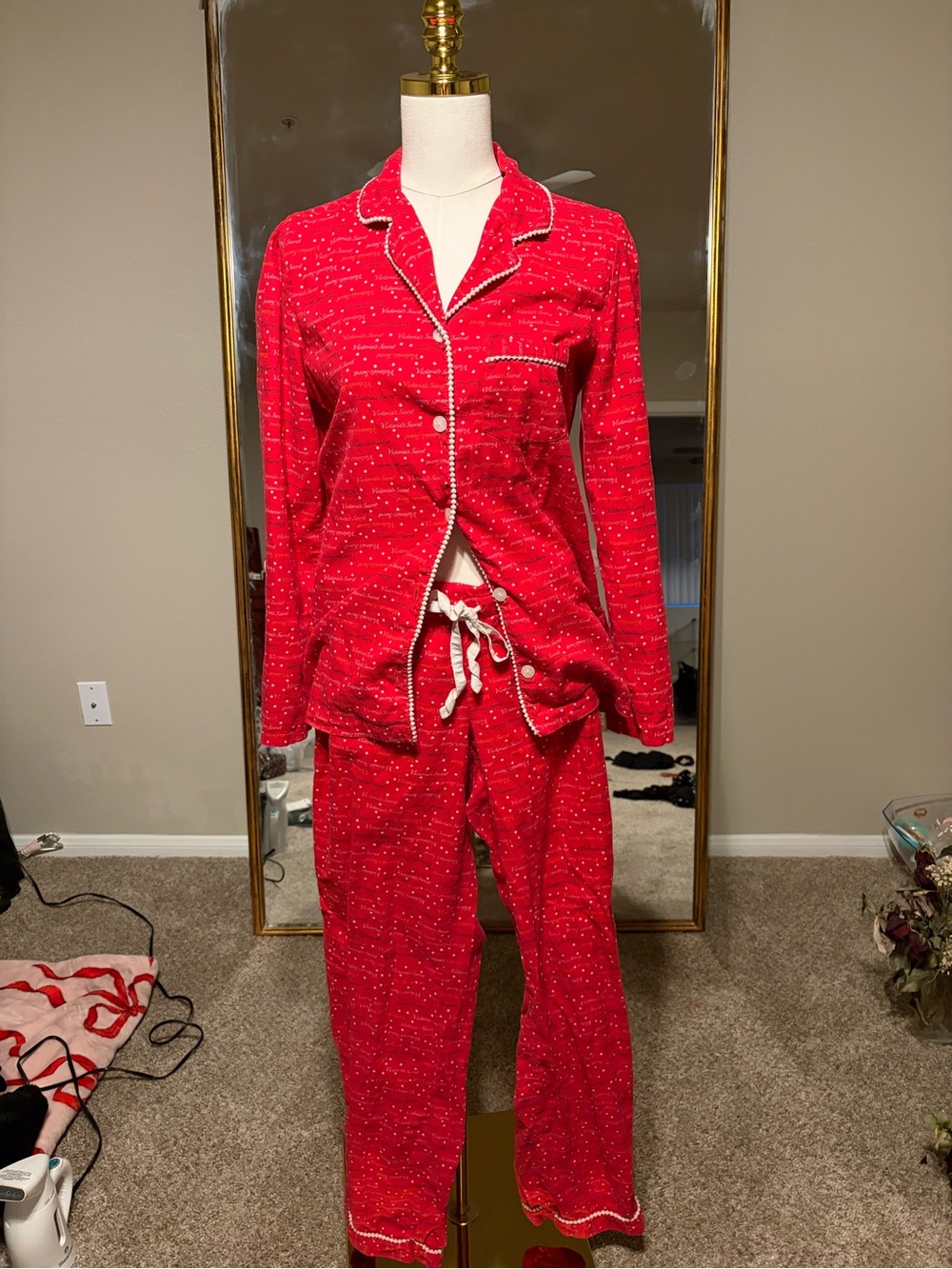 Victoria's Secret Red Button-Up Pajama Set with Contrast Trim
